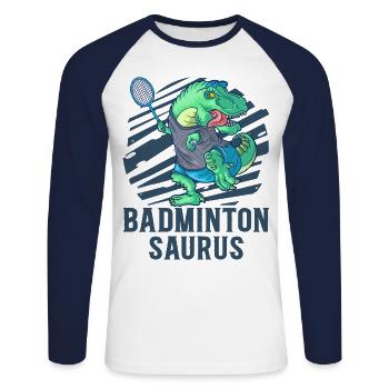 Badminton Saurus Dinosaur T-Rex Badminton Racket - Unisex Long Sleeve Baseball T-Shirt - white/navy - Front - Nik (191cm)