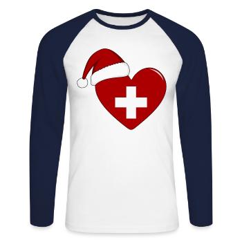 Coeur de Noël drapeau suisse - T-shirt baseball manches longues Homme - blanc/marine - Devant - Nik (191cm)