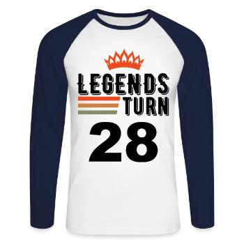 28 Anniversaire, les légendes ont 28 ans - T-shirt baseball manches longues Homme - blanc/marine - Devant - Nik (191cm)