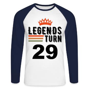 29 Anniversaire, les légendes ont 29 ans - T-shirt baseball manches longues Homme - blanc/marine - Devant - Nik (191cm)