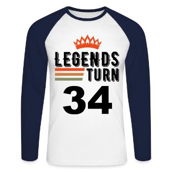 34 Anniversaire, les légendes ont 34 ans - T-shirt baseball manches longues Homme - blanc/marine - Devant - Nik (191cm)