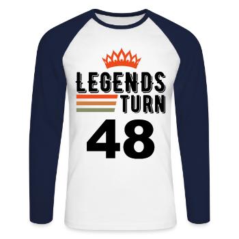 48th birthday, legends turn 48 - Unisex Long Sleeve Baseball T-Shirt - white/navy - Front - Nik (191cm)