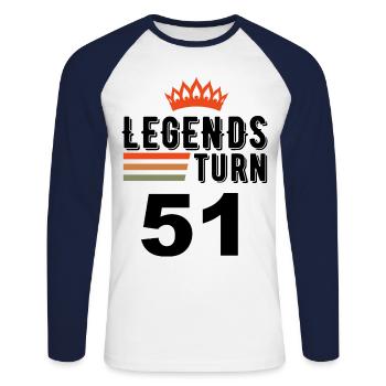 51 Geburtstag, Legenden werden 51 Jahre alt - Unisex Baseballshirt langarm - Weiß/Navy - Vorne - Nik (191cm)