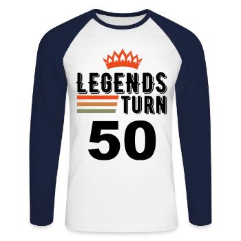 50th birthday, legends turn 50 - Unisex Long Sleeve Baseball T-Shirt - white/navy - Front - Nik (191cm)