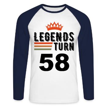 58 Birthday, Legends turn 58 - Unisex Long Sleeve Baseball T-Shirt - white/navy - Front - Nik (191cm)