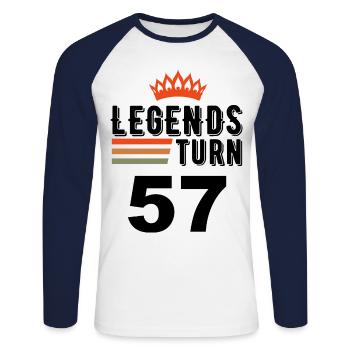 57e anniversaire, les légendes ont 57 ans - T-shirt baseball manches longues Homme - blanc/marine - Devant - Nik (191cm)
