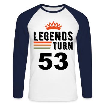 53 Geburtstag, Legenden werden 53 Jahre alt - Unisex Baseballshirt langarm - Weiß/Navy - Vorne - Nik (191cm)