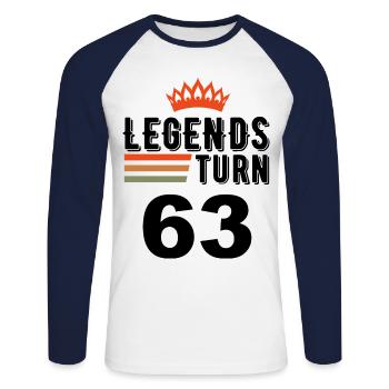 63 Geburtstag, Legenden werden 63 Jahre alt - Unisex Baseballshirt langarm - Weiß/Navy - Vorne - Nik (191cm)