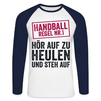 Handball TShirt Handballer Team Sport Geschenk - Unisex Baseballshirt langarm - Weiß/Navy - Vorne - Nik (191cm)