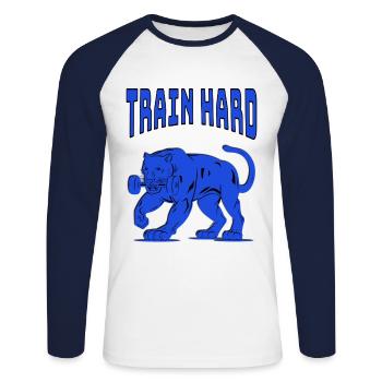 Train Hard - Unisex Baseballshirt langarm - Weiß/Navy - Vorne - Nik (191cm)