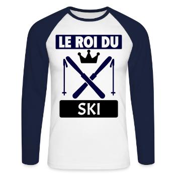 Le roi du ski Skieur Montagne Sports d'hiver Noël - T-shirt baseball manches longues Homme - blanc/marine - Devant - Nik (191cm)