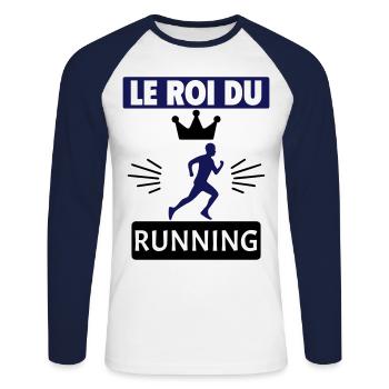 Le roi du running Jogging Sport Humour - T-shirt baseball manches longues Homme - blanc/marine - Devant - Nik (191cm)