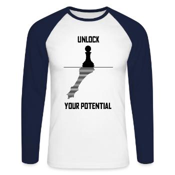 Joueur d’échecs d’échecs Débutant Professionnel Potentiel Dame - T-shirt baseball manches longues Homme - blanc/marine - Devant - Nik (191cm)