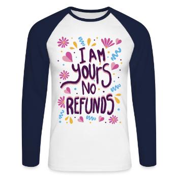 Je suis à vous, aucun remboursement - T-shirt baseball manches longues Homme - blanc/marine - Devant - Nik (191cm)