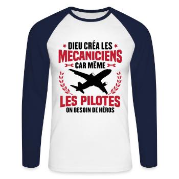 Cadeau humour mécanicien d'avion - T-shirt baseball manches longues Homme - blanc/marine - Devant - Nik (191cm)