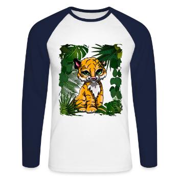 Tigre bébé | Création Yolo - T-shirt baseball manches longues Homme - blanc/marine - Devant - Nik (191cm)