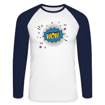 bande dessinée Wow Retro Pop Art Cartoon Gift - T-shirt baseball manches longues Homme - blanc/marine - Devant - Nik (191cm)