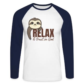 Relax und vertraue Gott Christentum Faultier - Unisex Baseballshirt langarm - Weiß/Navy - Vorne - Nik (191cm)