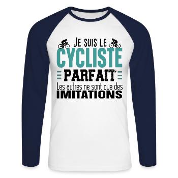 Cycliste Cyclisme Vélo VTT Humour Sport T-shirts - T-shirt baseball manches longues Homme - blanc/marine - Devant - Nik (191cm)