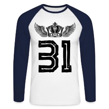 31 Zahl Krone - Unisex Baseballshirt langarm - Weiß/Navy - Vorne - Nik (191cm)