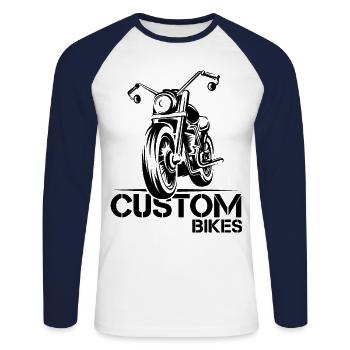custom bikes Biker Garage Motorrad Illustration - Unisex Baseballshirt langarm - Weiß/Navy - Vorne - Nik (191cm)