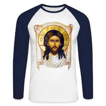 Low-Poly-Jesus-Ikone - Unisex Baseballshirt langarm - Weiß/Navy - Vorne - Nik (191cm)