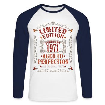 Februar 1971 1971 Geboren Geschenk - Unisex Baseballshirt langarm - Weiß/Navy - Vorne - Nik (191cm)