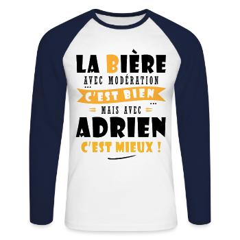Adrien Bière Cadeau Humour cadeau adrien - T-shirt baseball manches longues Homme - blanc/marine - Devant - Nik (191cm)
