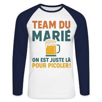 team du marié EVG enterrement de vie de garçon - T-shirt baseball manches longues Homme - blanc/marine - Devant - Nik (191cm)