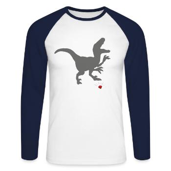Lustiger Dinosaurier steht auf Baustein - Unisex Baseballshirt langarm - Weiß/Navy - Vorne - Nik (191cm)