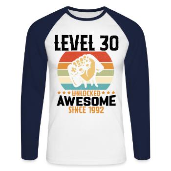 Niveau 30 An Débloqué Gaming Cadeau Anniversaire - T-shirt baseball manches longues Homme - blanc/marine - Devant - Nik (191cm)