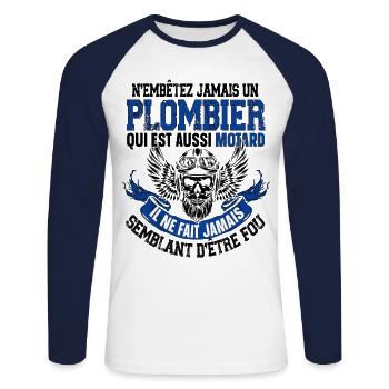 Motard Moto Plombier Cadeau Homme Bike Badass - T-shirt baseball manches longues Homme - blanc/marine - Devant - Nik (191cm)