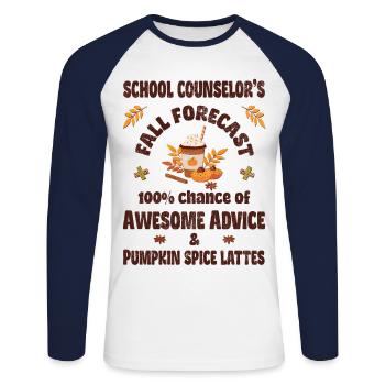 School counselor, advice & Pumpkin spice lattes - Unisex Baseballshirt langarm - Weiß/Navy - Vorne - Nik (191cm)