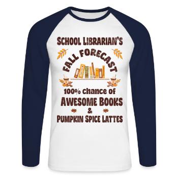 School librarian, books & Pumpkin spice lattes - Unisex Long Sleeve Baseball T-Shirt - white/navy - Front - Nik (191cm)