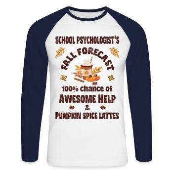 Psychologue scolaire, aide et lattes aux épices à la citrouille - T-shirt baseball manches longues Homme - blanc/marine - Devant - Nik (191cm)
