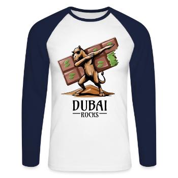 Dabbing dromedary and Dubai vibes - Unisex Long Sleeve Baseball T-Shirt - white/navy - Front - Nik (191cm)