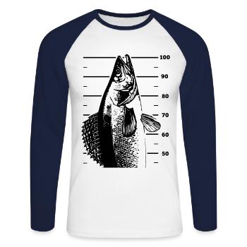 LetzterWurf BigZanderOutline Angeln - Anglershirt - Unisex Baseballshirt langarm - Weiß/Navy - Vorne - Nik (191cm)