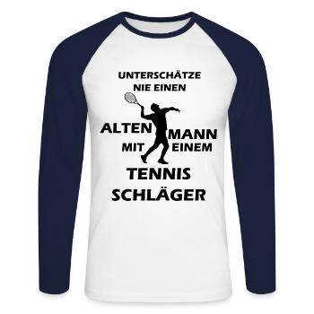 Old man playing tennis in gift shirt - Unisex Long Sleeve Baseball T-Shirt - white/navy - Front - Nik (191cm)