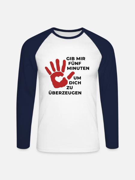 T-Shirt Anmachen und überzeugen- Gib mir 5 Minuten - Unisex Baseballshirt langarm - Weiß/Navy