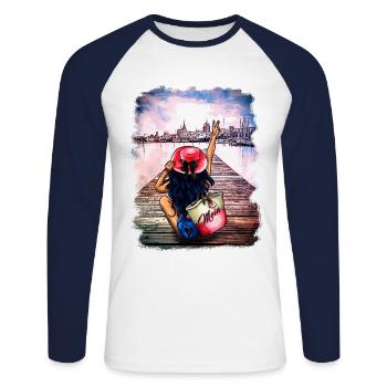 Rostocker Skyline Gehlsdorf - Unisex Baseballshirt langarm - Weiß/Navy - Vorne - Nik (191cm)