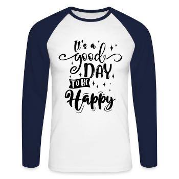 Glücklich Zitat - Unisex Baseballshirt langarm - Weiß/Navy - Vorne - Nik (191cm)