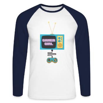 Gamer Girl 90s Gaming Konsole Old School Vintage - Unisex Baseballshirt langarm - Weiß/Navy - Vorne - Nik (191cm)