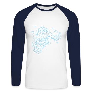 Retro Handheld Blueprint - Retrogaming für's Shirt - Unisex Baseballshirt langarm - Weiß/Navy - Vorne - Nik (191cm)