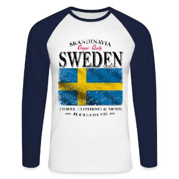Suède, drapeau de la Suède - T-shirt baseball manches longues Homme - blanc/marine - Devant - Nik (191cm)