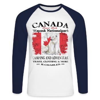 Canada, Canada, camping - T-shirt baseball manches longues Homme - blanc/marine - Devant - Nik (191cm)