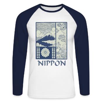 Nippon Japan Japanische Kunst Fuji Kirschblüten - Unisex Baseballshirt langarm - Weiß/Navy - Vorne - Nik (191cm)