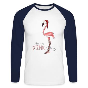 Joyeux Pinkmas Joyeux Noël flamant rose - T-shirt baseball manches longues Homme - blanc/marine - Devant - Nik (191cm)