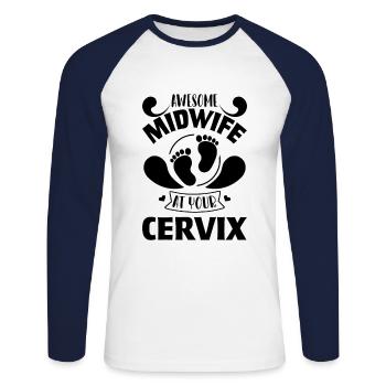 Hebamme - Unisex Baseballshirt langarm - Weiß/Navy - Vorne - Nik (191cm)