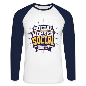 Travailleurs sociaux - T-shirt baseball manches longues Homme - blanc/marine - Devant - Nik (191cm)