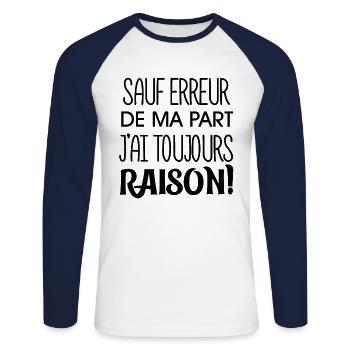 Sauf Erreur De Ma Part J'ai Toujours Raison, Petit - T-shirt baseball manches longues Homme - blanc/marine - Devant - Nik (191cm)
